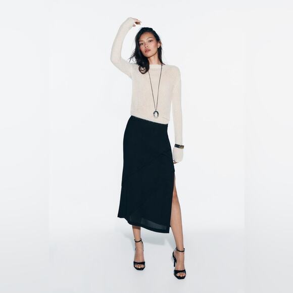 Zara Black DIAGONAL SEAMS CREPE MIDI SKIRT Size Extra Large XL - Picture 12 of 12